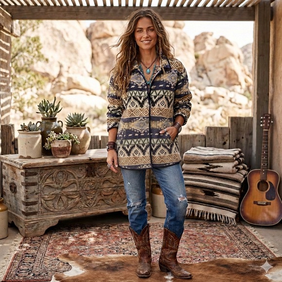 VTG 90s Jane Ashley Woman Tapestry Jacket 2X Blue Aztec Southwest Boho Boxy Coat - Picture 3 of 11